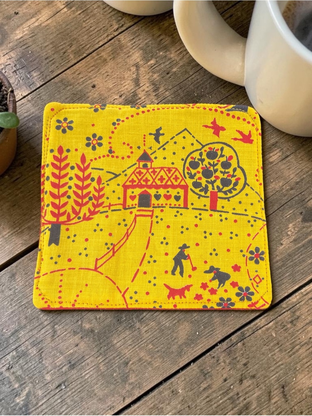 Yellow Folk Art Cotton Coaster Vintage Fabric - Handmade by Darling Darce